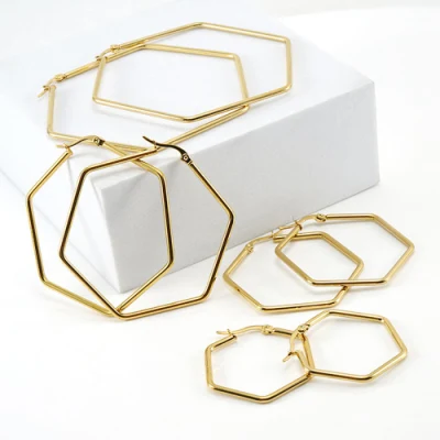 Pendientes de aro hexagonales grandes chapados en oro de 18 quilates de acero inoxidable de joyería de moda de la serie Geometry para mujer