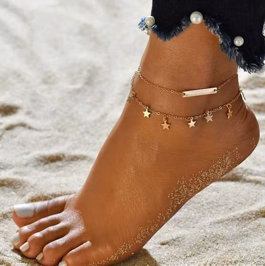 Tobilleras para mujer, conjunto de pulseras de tobillo de oro plateado, tobillera de cadena ajustable de playa con capas bohemias, joyería para pies
