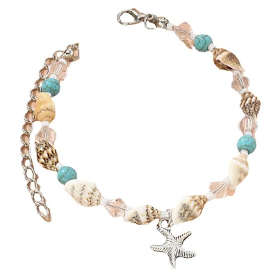 Tobillera bohemia hecha a mano con abalorios multicapa, joyería de mano para mujer y niña, tobillera de tortuga con estrella de mar azul