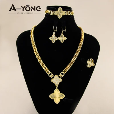 Conjuntos de joyería de trébol de diseño de moda, cadena de eslabones cubanos, conjunto de joyería chapado en oro para mujer