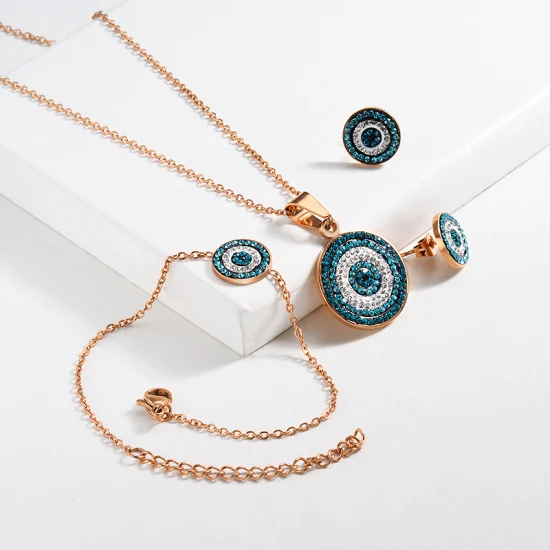 Conjuntos de joyas de mal de ojo con diamantes de imitación azules, collar de oro, collar de acero inoxidable, joyería de moda